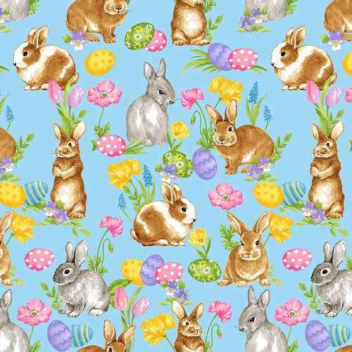 Blank Quilting Spring Is Hare Bunny Allover - Blue