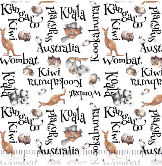 Quilting Treasures Kiwis & Koalas Word Toss - White