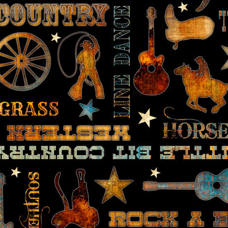 Quilting Treasures Lil' Bit Country Phrases - Black