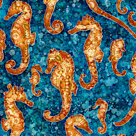 Quilting Treasures Oceana Sea Horse Fabric - Dark Blue