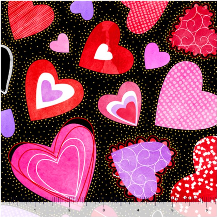 Quilting Treasures Sweethearts Large Hearts - Black