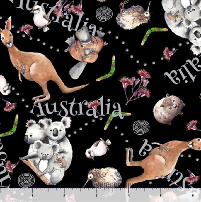 Quilting Treasures Kiwis & Koalas Animal Toss - Black