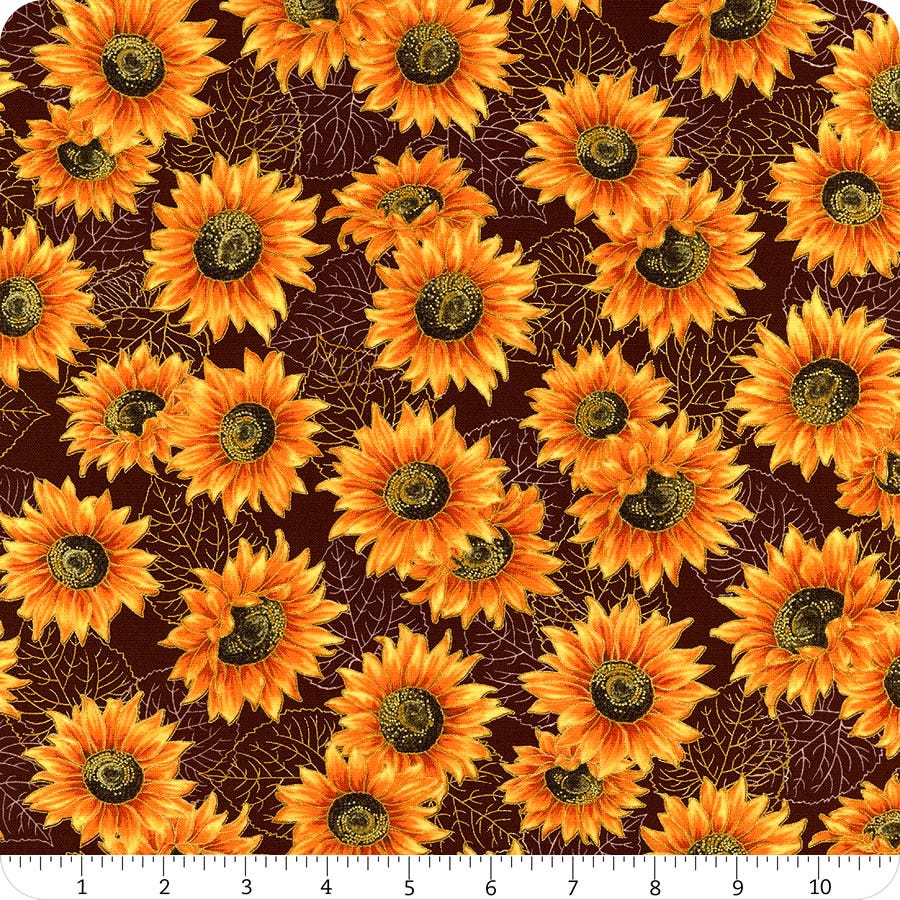 Robert Kaufman Autumn Beauties Metallic Sunflower Fabric - Brown